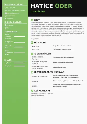 Beslenme Uzmanı Diyetisyen CV Örnekleri cv indir